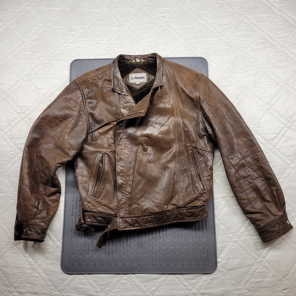 L'Avion Vintage French brown well worn leather lined jacket size 38